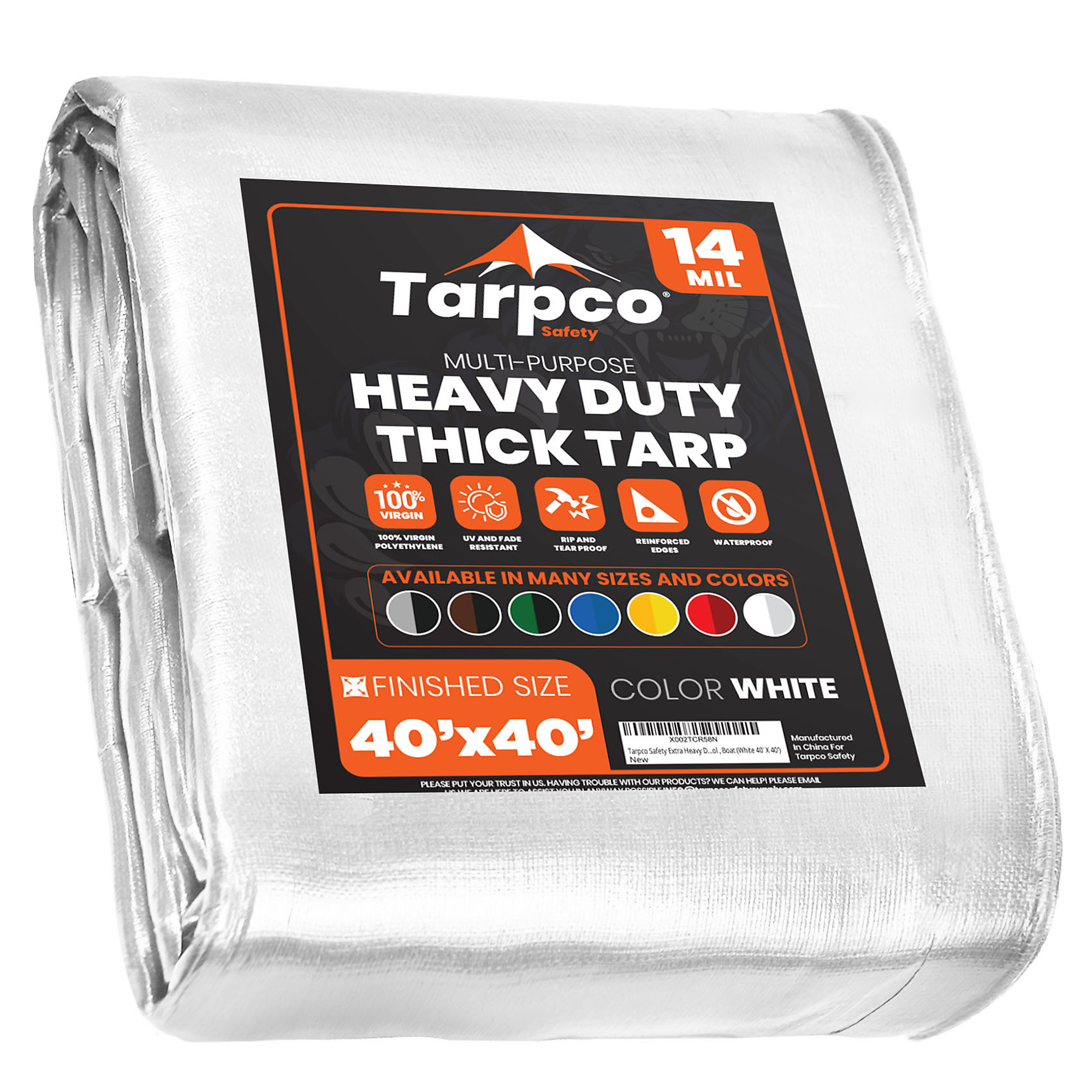 Tarpco Safety Extra Heavy Duty Tarp Cover — 40ft. x 40ft., 14 Mil, Waterproof, UV Resistant, Rip and Tear Proof, Reinforced Edges, Poly, White, Model# TS-104-40X40